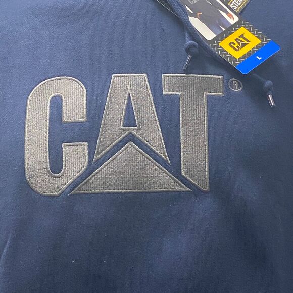 CAT Caterpillar Heavy Equipment Logo Hoodie Sweatshirt Pullover Blue Silver L - Picture 2 of 6